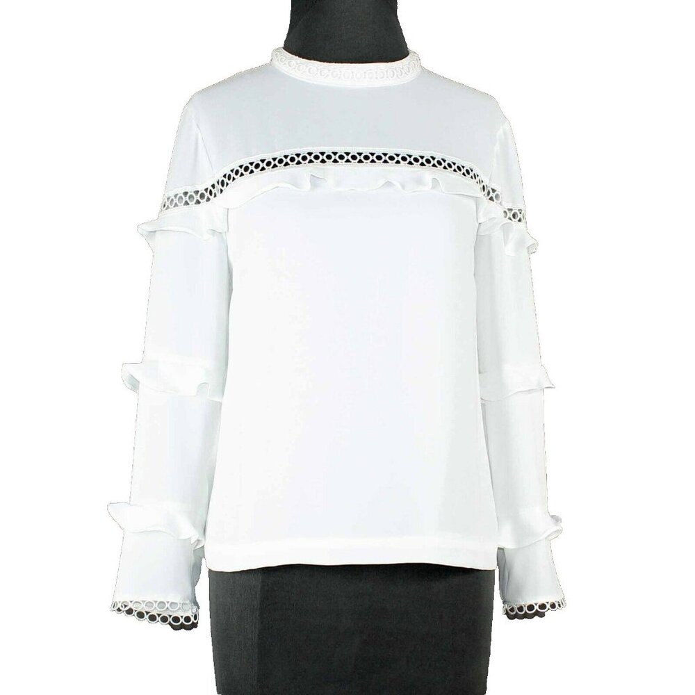 J Crew Sz 6 White Lined Ruffle Detail Lace Insert 100% Polyester Top